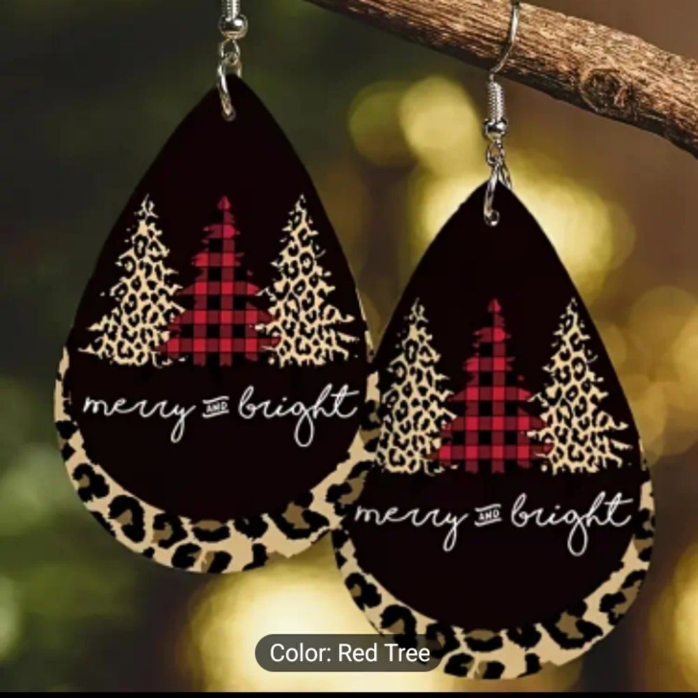 Christmas earrings trees leopard teardrop faux leather new e64